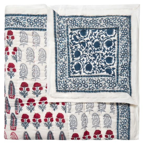 Checkerboard-Lotus Reversible Quilt - Blue/Red